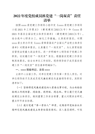2022年度党组成员抓党建“一岗双责”责任清单