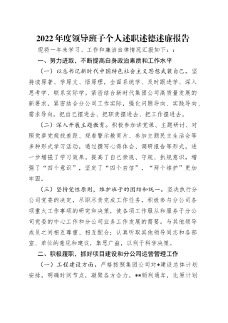 2022年度领导班子个人述职述德述廉报告