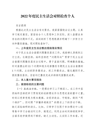 2022年度民主生活会对照检查个人发言提纲590
