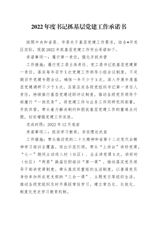 2022年度书记抓基层党建工作承诺书